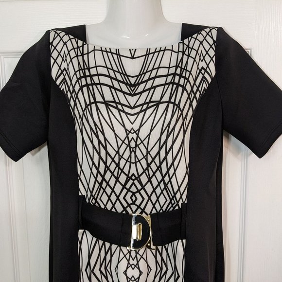 Marisa Kenson Black White Geometric Color Block Stretch Midi Dress - size S NWT - Picture 2 of 9